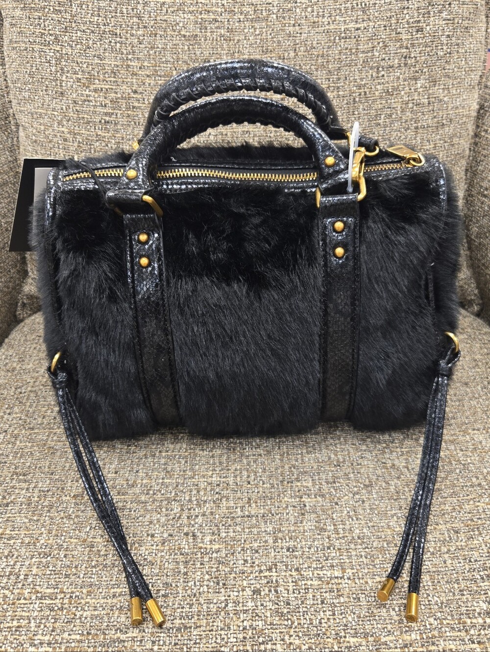 Steve Madden Black Faux Fur Satchel with Gold Hardware